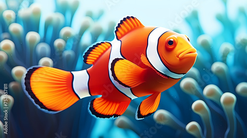 Clown fish swimming in the sea on coral reef background