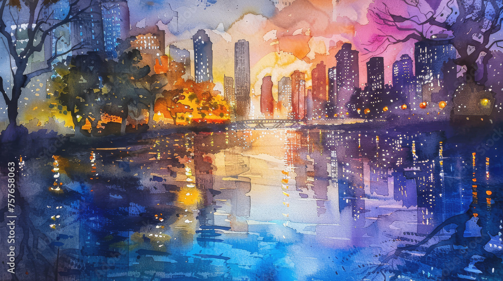 Fototapeta premium Urban Park Overlooking City Skyline at Sunset Watercolor Painting, Metropolitan Silhouette with Reflective Lake, Urban Landscape Art
