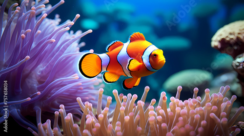 Clown fish swimming in the sea on coral reef background