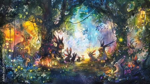 Watercolor Painting of a Festive Forest Gathering, Enchanted Woodland Animals and Lantern Lights, Whimsical Fantasy Art for Decor   © Sippung