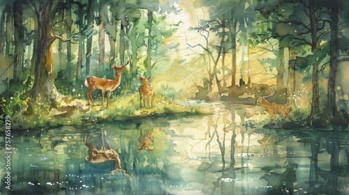 Deer by a Forest Pond at Dawn Watercolor Painting  Gentle Wildlife Scene  Reflective Waters and Lush Greenery  Peaceful Art  
