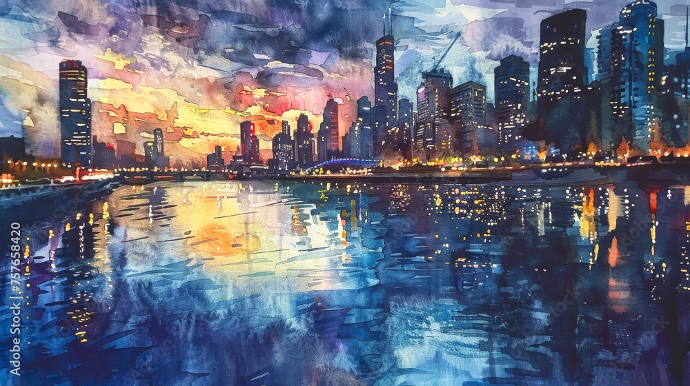 Vibrant Watercolor Painting of City Skyline at Sunset, Reflective Skyscrapers on River, Dazzling Evening Urban Landscape Art

