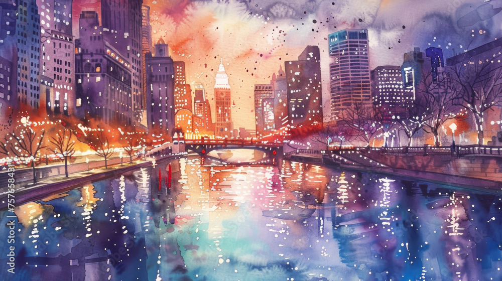 Twinkling City Lights Reflecting on River Watercolor Painting, Snowy Winter Evening in Urban Landscape, Captivating Wall Art

