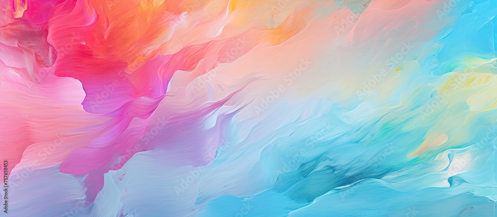 A closeup of a vibrant painting featuring a pattern of pink, magenta, and electric blue colors resembling a cumulus cloud formation on a white background