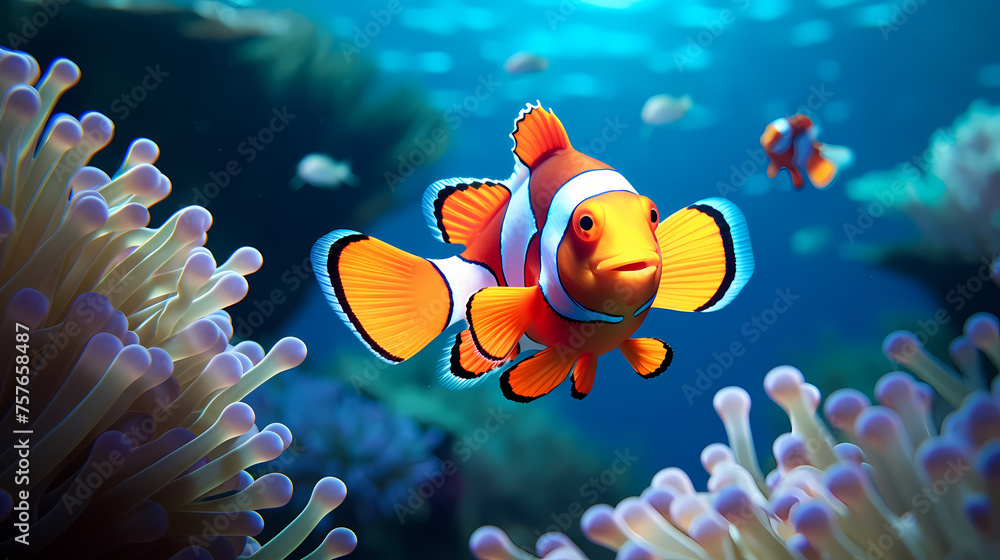 Clown fish swimming in the sea on coral reef background Clown fish swimming in the sea on coral reef background
