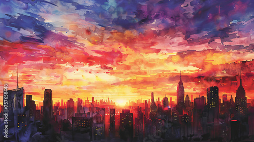 Watercolor Painting of Bustling City Skyline at Sunset, Dynamic Clouds Casting Vibrant Hues Over Urban Silhouette, Modern Wall Art