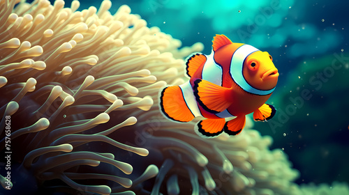 Clown fish swimming in the sea on coral reef background