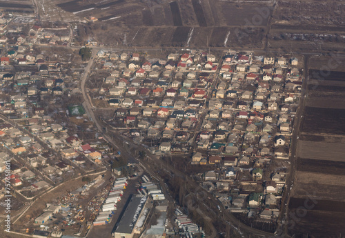 Aerial photography. Chisinau, Moldova, view from the airplane window. Winter panorama.