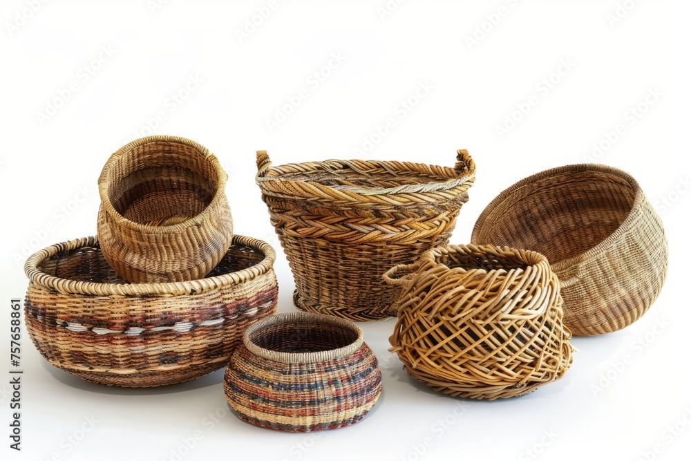 Collection of woven baskets, providing both storage and visual interest in any room, on isolated white background, Generative AI