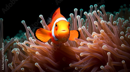 Clown fish swimming in the sea on coral reef background © xuan