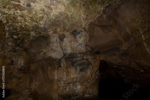 Speleology. The Bacho Kiro cave  Dryanovo  Bulgaria. Stalactite  and stalagmite speleothem formations.