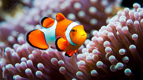 Clown fish swimming in the sea on coral reef background