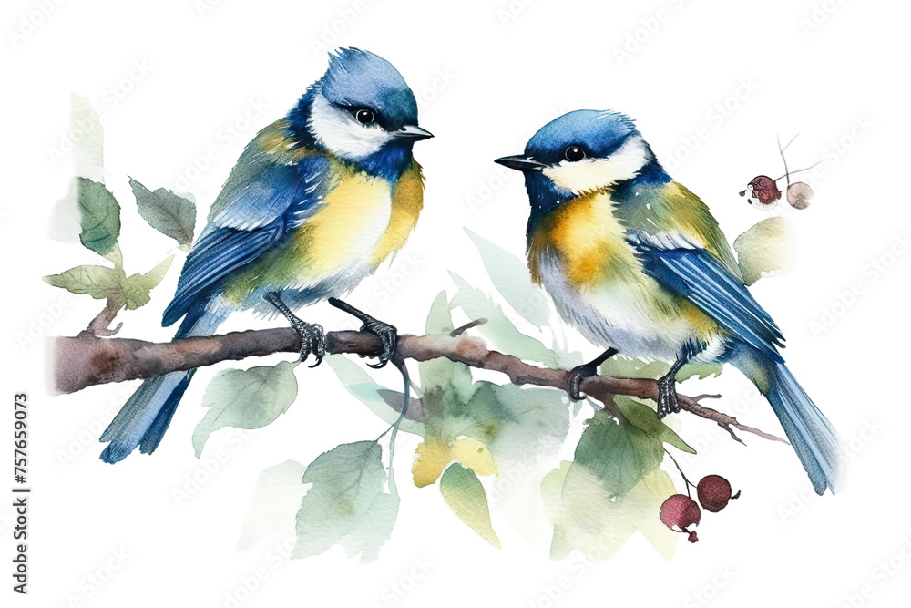 Obraz premium birds Watercolor small white background Two branch painting