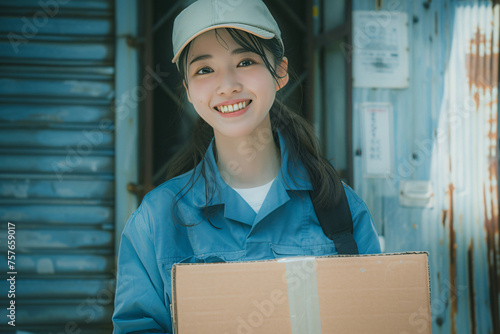 段ボールを運ぶ笑顔のアジア人女性配達員 photo