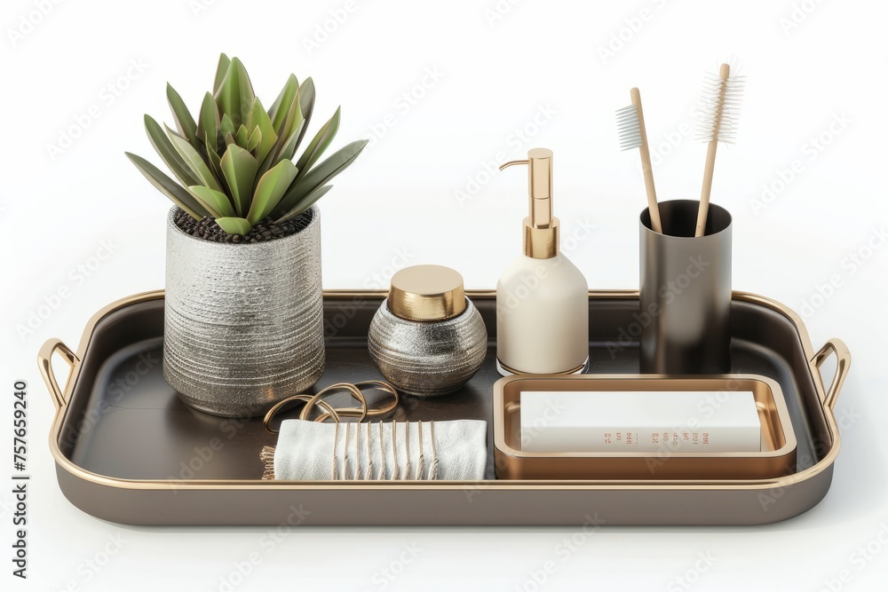 Decorative tray with accessories, organizing and displaying items in a stylish and functional way, on isolated white background, Generative AI