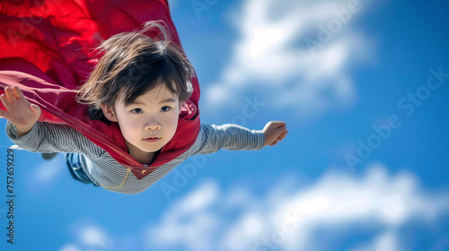 空を飛ぶアジア人の子供