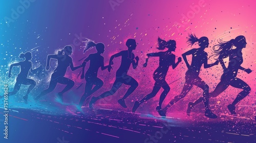 A vibrant illustration of runners in motion, with a burst of energetic, colorful splashes against a gradient background..