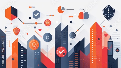 Stylized cityscape with infographic elements symbolizing data connectivity and security in urban planning..