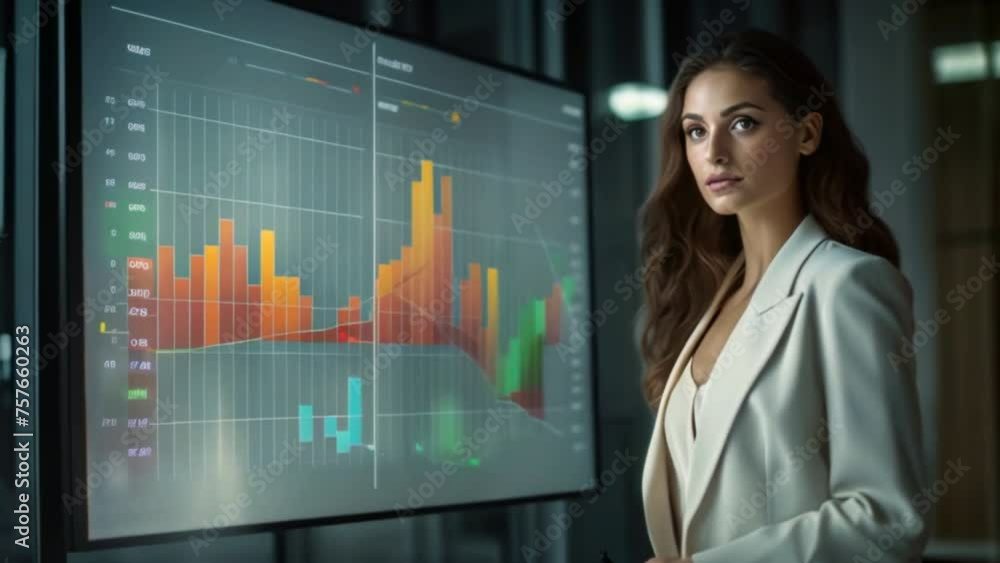 Successful Businesswoman Demonstrating Growth Graph on Screen Successful Businesswoman Demonstrating Growth Graph on Screen