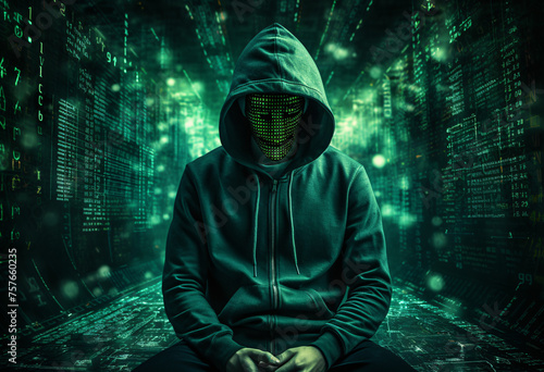 A hacker in a dark green hoodie with his face covered sitting on the floor surrounded by matrix code and digital numbers, against a digital background, in a front view, full body portrait