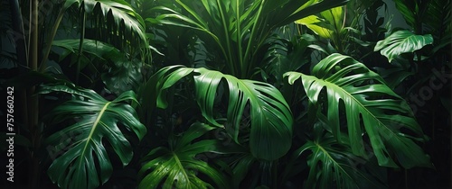 Green colored tropical leaves foliage plants, banner template background illustration from Generative AI