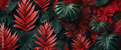 Red bright colored tropical leaves foliage plants  banner template background illustration from Generative AI