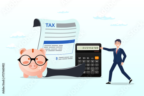 Expertise businessman completed tax filing form with calculator, income tax filing, calculate revenue and filling tax form, expert complete checklist for all reduction, refund and payment (Vector)
