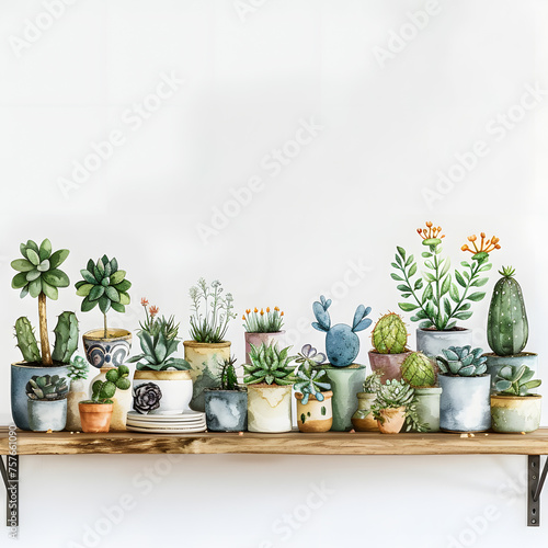 A rectangular wooden shelf boasting an array of houseplants in flowerpots, creating a picturesque indoor landscape against a crisp white wall