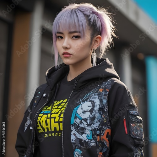 Framed against a dilapidated alleyway, the camera captures the woman striking a confident pose, her cyberpunk-inspired accessories glinting in the dim light. photo