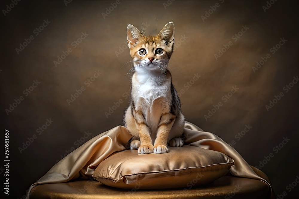 Elegant kitten on a silk cushion in a studio.