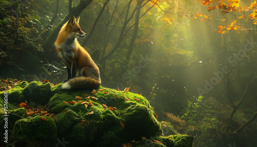 A fox sits on a moss-covered rock in a sunlit forest, surrounded by autumn leaves