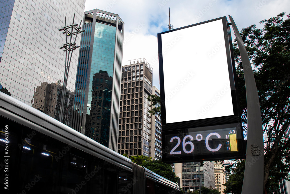 Billboard blank mock up in the city of Sao Paulo. Use this photo day mockup for your outdoor design. - obrazy, fototapety, plakaty 