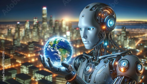 Highly detailed humanoid robot holds a glowing Earth globe, overlooking a cityscape at dusk, symbolizing technological advancement and the future.