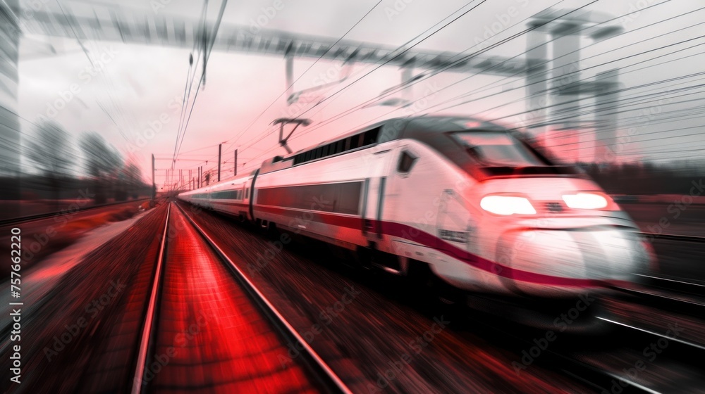 Fototapeta premium High speed train on railway, sunset light. Generative AI.