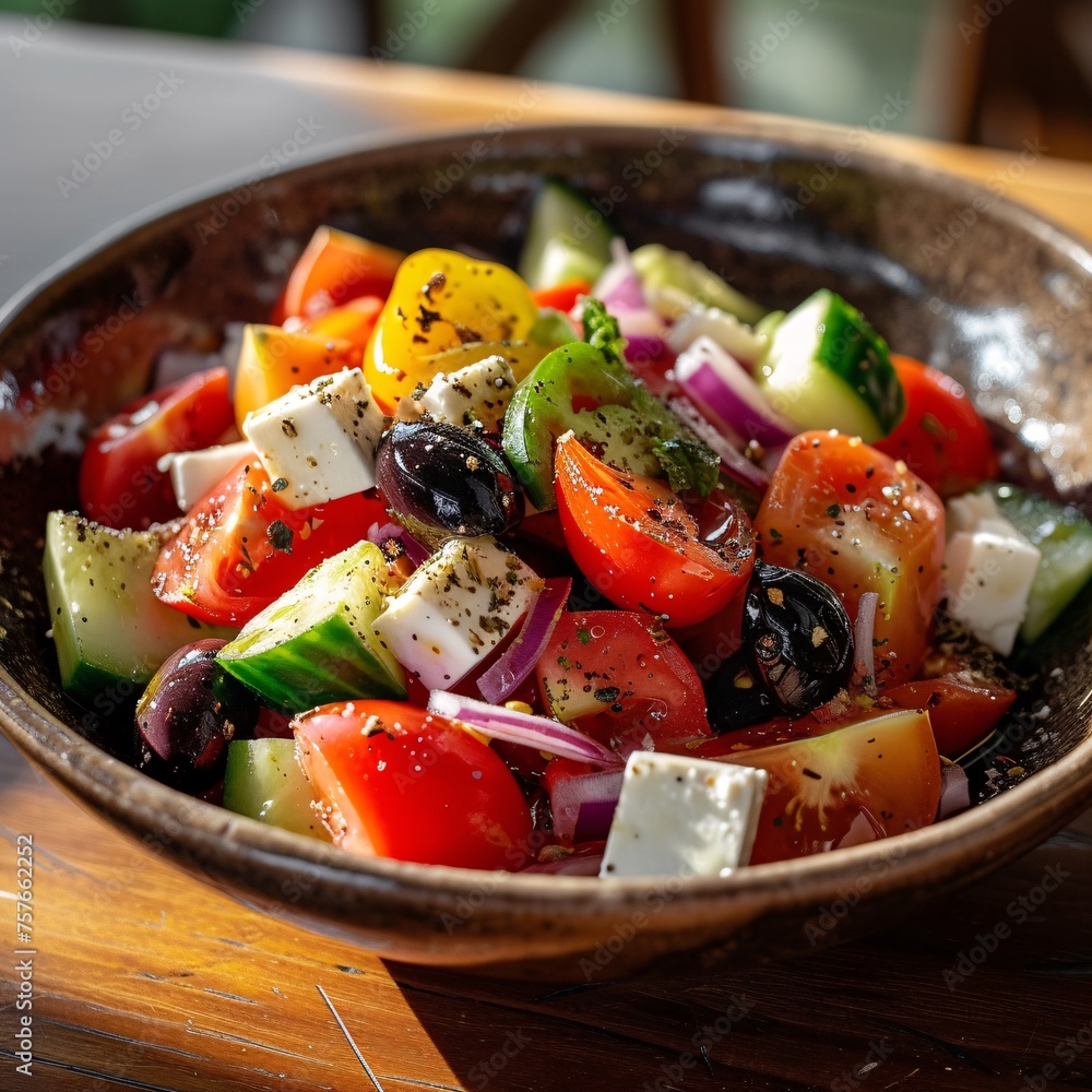 A professional photo highlights a Greek salad's freshness, with ripe tomatoes, crisp cucumbers, olives, feta cheese, and a drizzle of olive oil, embodying Mediterranean flavors.
A professional photo highlights a Greek salad's freshness, with ripe tomatoes, crisp cucumbers, olives, feta cheese, and a drizzle of olive oil, embodying Mediterranean flavors.
