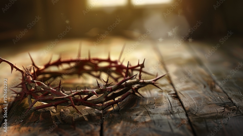 Christian crown of thorns with metal nails on a wooden desk, copyspace. Generative AI. - obrazy, fototapety, plakaty 
