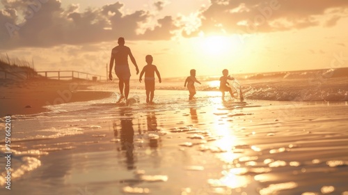Nostalgic Sunset Beach Family Time AI Generated