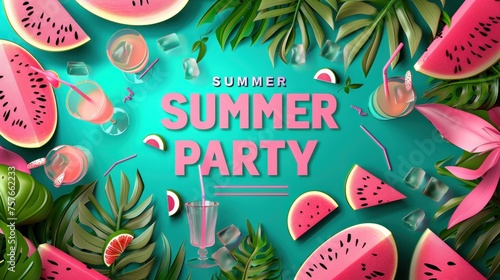 a poster for a summer party with cocktail and watermelon. Generative AI.