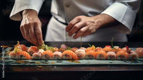 A chef preparing skilled sushi on the table in restaurant