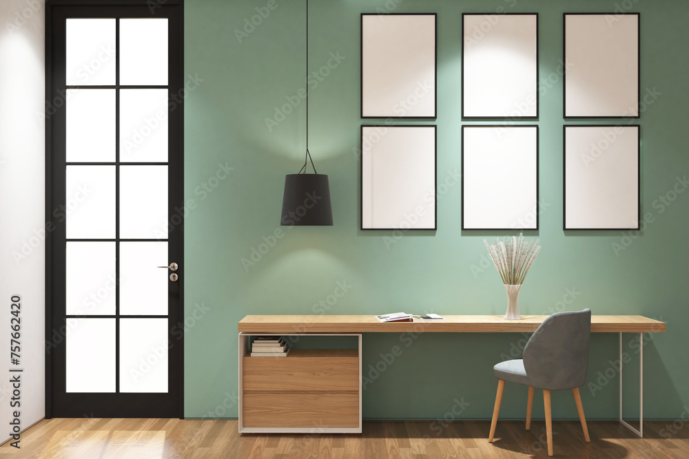 Fototapeta premium 3d rendering desk and chair with frame mock up side the door. Green and light wood style in scandinavian. Set 9