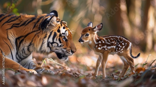 A baby deer is standing next to a tiger. Concept of curiosity and wonder about the relationship between the two animals.