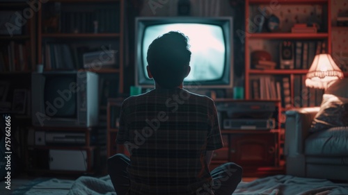 Boy captivated by an old television set - Young boy sitting cross-legged watching a vintage television in a room filled with antiques
