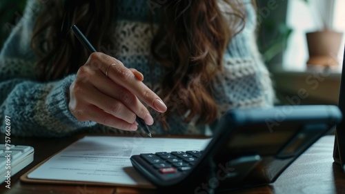 Calculating finances with pen and calculator - A person is deeply engaged in calculating their finances using a pen and electronic calculator