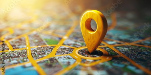 A map with a yellow marker placed on top to signify a specific location or destination.