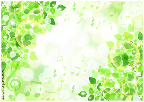 新緑、音楽、横型、木漏れ日、背景、イラスト、かわいい、対角