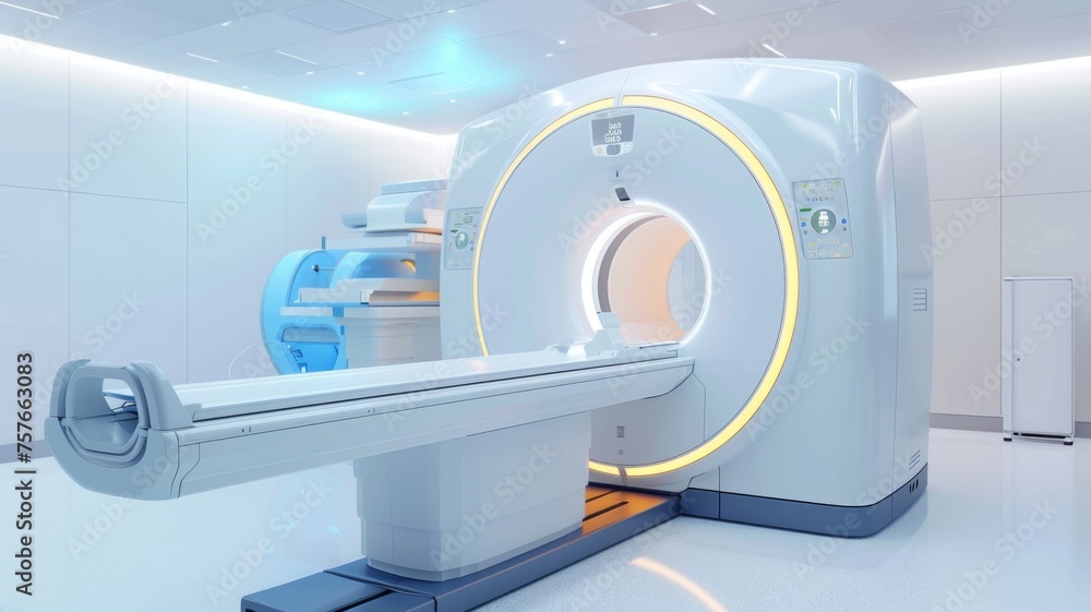 Modern MRI machine in a clean room - A state-of-the-art MRI machine stands in a pristine, well-lit medical imaging room reflecting healthcare excellence Modern MRI machine in a clean room - A state-of-the-art MRI machine stands in a pristine, well-lit medical imaging room reflecting healthcare excellence