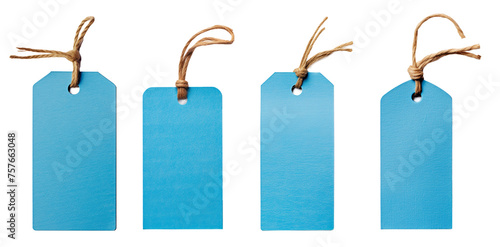 Set of blue craft paper tag with twine on white background, product shot, close shot