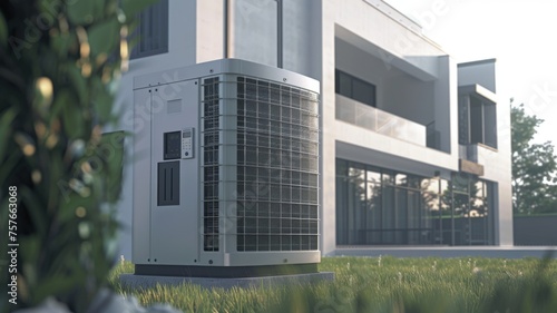 Modern home showcasing air heat pump system - A modern residential property featuring a sleek, stylish air heat pump system on a well-maintained lawn, reflecting green living