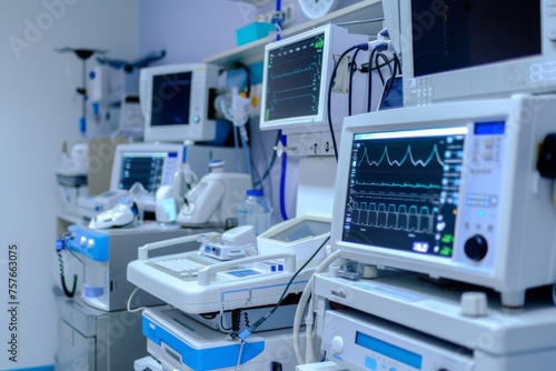 Medical equipment with monitors in hospital - Advanced medical equipment with multiple monitors displaying vital signs in a hospital