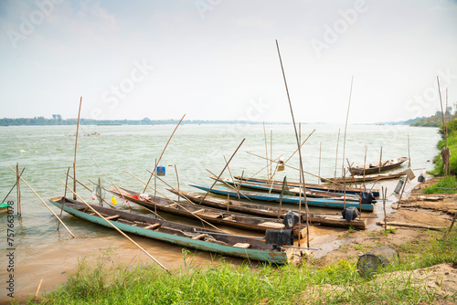Fishmen Boat at the coat of the Mae Khong River in Thailand, The Way of life  along the Fishmen Village.